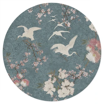 Wandtattoo Kraniche im Kirschblüten-Rausch Blau - Bloomery Decor - Rund 