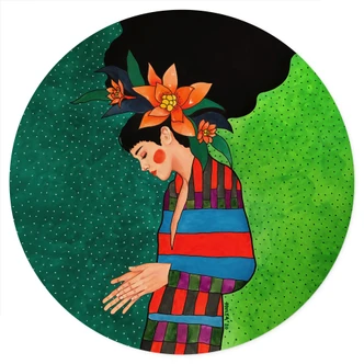 Wallsticker Kvinna i randig klänning med orange blommor - Hülya - Rund Wallsticker Kvinna i randig klänning med orange blommor - Hülya - Rund