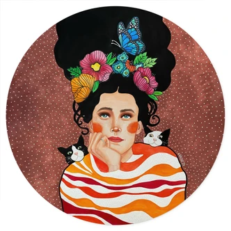 Wallsticker Kvinna med blomkrona och katter - Hülya - Rund Wallsticker Kvinna med blomkrona och katter - Hülya - Rund