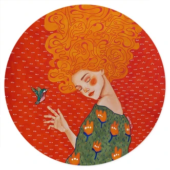 Muursticker kolibrie en vrouw in rood licht - Hülya - Rond 