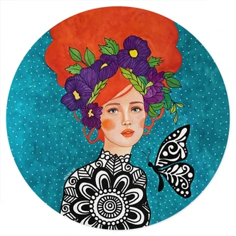 Wallsticker Fjärilskvinna med blomsterkrans - Hülya - Rund Wallsticker Fjärilskvinna med blomsterkrans - Hülya - Rund