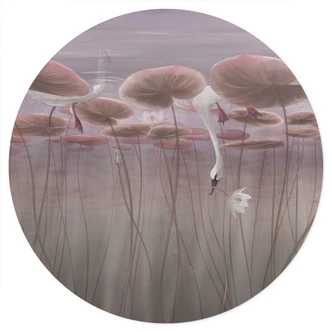 Muursticker lotusbloemen met zwaan in water in donkerroze - Ms Tiff - Rond 
