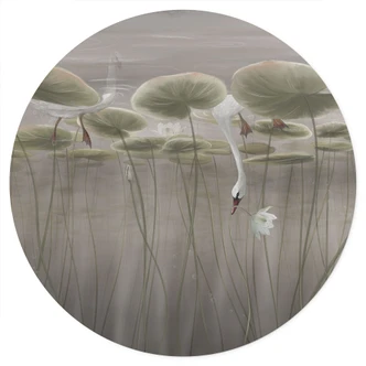 Muursticker lotusbloemen met zwaan in water in grijs - Ms Tiff - Rond 