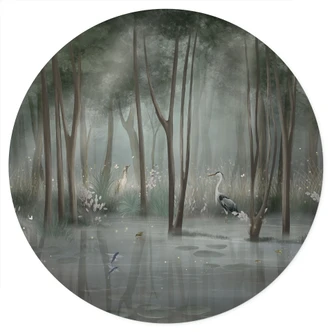 Wandtattoo Nebelwald am See mit Reiher in Grün - Ms Tiff - Rund 