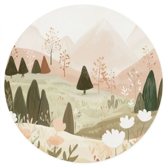 Wallsticker pastellfärgat bergslandskap med blommor - Treechild - Rund 