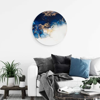 Alu-Dibond Abstrakter Marmor mit Blau und Goldeffekt - Rund 