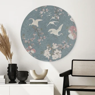 Wandbild Kraniche im Kirschblüten-Rausch Blau - Bloomery Decor - Alu-Dibond Rund 