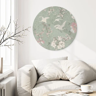 Wandbild Kraniche im Kirschblüten-Rausch Grün - Bloomery Decor - Alu-Dibond Rund 