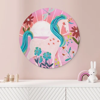 Wandcirkel Eenhoorn op een kleurrijke bloemenweide - Bonne Müller 