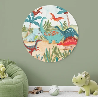 Muurschildering Kleurrijke dinosaurussen in het oerbos - Bonne Müller - Alu-Dibond Rond 