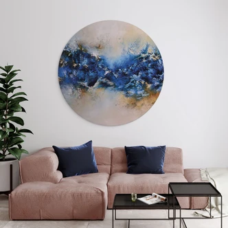Muurschildering Blauw-gouden interactie - Fedrau - Aluminium dibond - Rond 