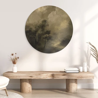 Wanddecoratie Bomen in de mist bij schemering - Hobday - Alu-Dibond Rond 