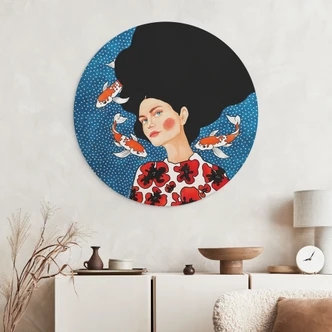 Wandbild Frau im Blütenkleid mit Kois - Hülya - Alu-Dibond Rund 