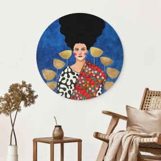 Wandbild Frau im Feld mit goldenen Blättern - Alu-Dibond - Hülya - Rund 