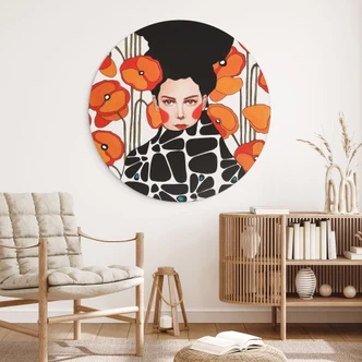 Wandbild Frau mit Retro-Mohnblumen - Hülya - Alu-Dibond Rund 