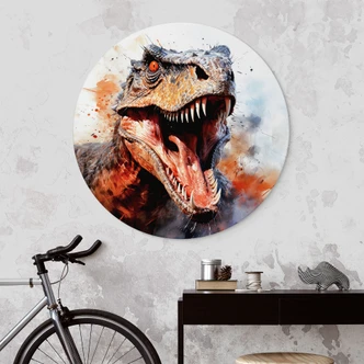 Muurschildering T-Rex: Het wilde gezicht van de prehistorie - Jaszke - Alu-Dibond Rond 