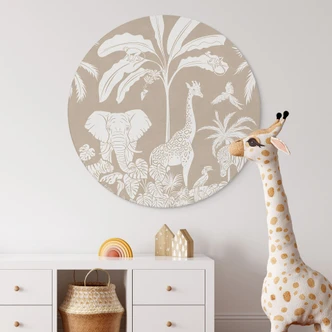 Ronde wanddecoratie Jungle dreams - Afrikaanse wilde dieren in bruin - Kikki Belle - Aluminium dibond 