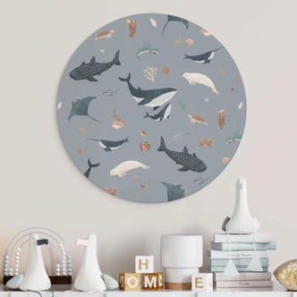 Ronde muurschildering Maritieme onderwaterwereld - walvissen en zeedieren - Kikki Belle 