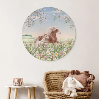 Stampe per pareti Cavalli nel prato fiorito - Kikki Belle - Alu-Dibond Round 