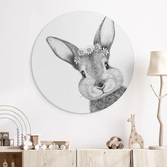 Ronde muurschildering Schattig konijn met kamillebloemen - Korenkova - Aluminium- Dibond 