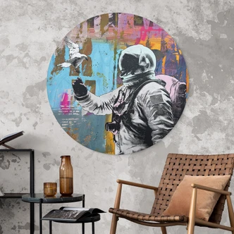 Muurschildering Astronaut met Duif - Kuryliuk - Alu-Dibond Rond 