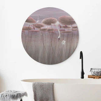 Wanddecoratie lotusbloemen met zwaan in water in schemerroze - Ms Tiff - Alu-Dibond Rond 