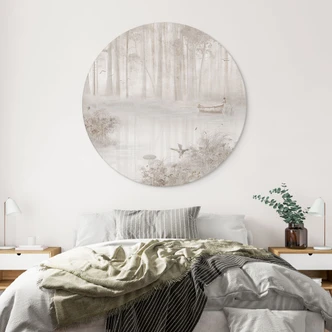 Wanddecoratie Bos aan het meer in beige mist - Ms Tiff - Alu-Dibond Rond 