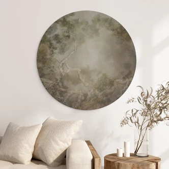 Wanddecoratie bos met zicht in de boomtoppen - Ms Tiff - Alu-Dibond Rond 