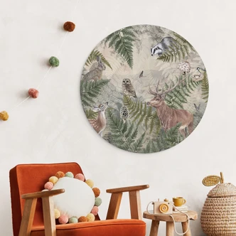 Wanddecoratie bosdieren tussen varens en bladeren - Ms Tiff - Rond - Alu-Dibond 