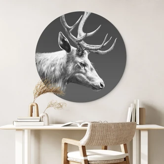 Wanddecoratie hert met gewei zwart-wit - Roberg - Aluminium dibond - Rond 
