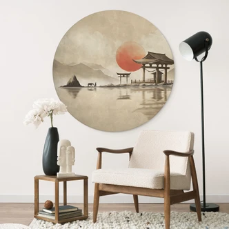 Wanddecoratie Japanse tempel bij zonsopgang - Roze - Alu-Dibond Rond 
