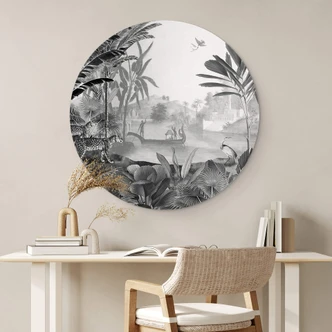 Wandcirkel Sir Edward - Landschap met Luipaarden zwart-wit Wandcirkel Sir Edward - Landschap met Luipaarden zwart-wit