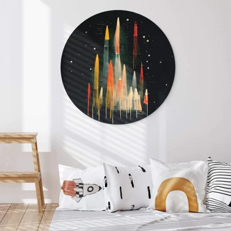 Rundes Wandbild Treechild - Bunte Raketen auf galaktischer Reise - Alu-Dibond 