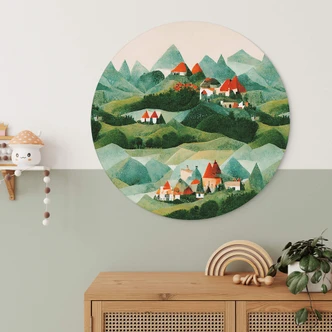 Wandcirkel Treechild - Small village in the middle of green hills 