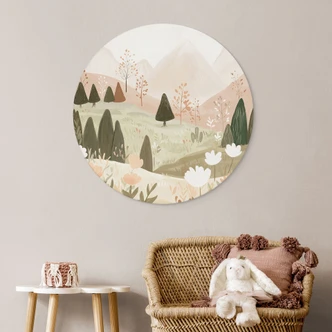 Tableaux Pastel Paysage de montagne avec fleurs - Treechild - Alu-Dibond Rond 