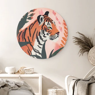 Wandcirkel Tijger in een roze jungle - Treechild Wandcirkel Tijger in een roze jungle - Treechild