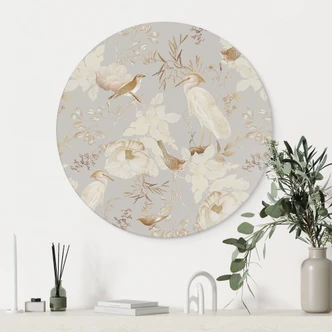 Wandbild Vögel zwischen weißen Blumen - UN Designs - Rund - Alu-Dibond 