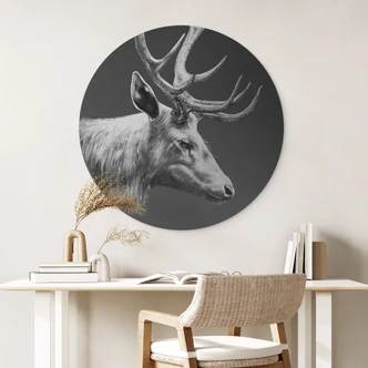 Aluminium Dibond met zilvereffect Hert met gewei zwart en wit - Roberg - Rond Aluminium Dibond met zilvereffect Hert met gewei zwart en wit - Roberg - Rond