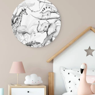 Wandcirkel Kvilis - Dierenvrienden in de Jungle zwart-wit 