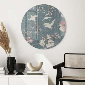 Glasbild Kraniche im Kirschblüten-Rausch Blau - Bloomery Decor - Rund 