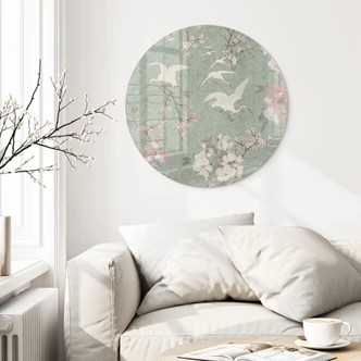 Glasbild Kraniche im Kirschblüten-Rausch Grün - Bloomery Decor - Rund Glasbild Kraniche im Kirschblüten-Rausch Grün - Bloomery Decor - Rund