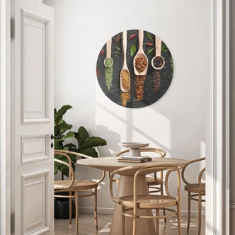 Glasbild Kräuter und Gewürze auf Holzlöffel - Dingemans - Rund Glasbild Kräuter und Gewürze auf Holzlöffel - Dingemans - Rund