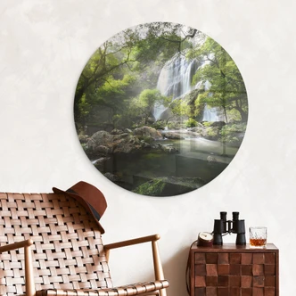Glasbild Wasserfall im Wald - Rund - Foto Glasbild Wasserfall im Wald - Rund - Foto