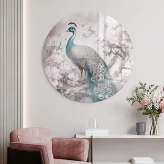Glasbild Edler Pfau mit Blüten - Haase - Rund 