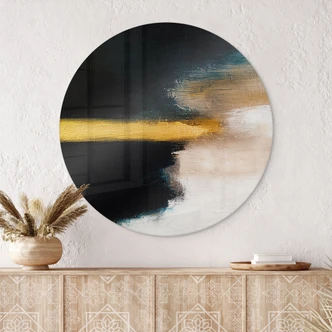 Glasbild Pinselstriche Gold und Schwarz - Haniff - Rund 