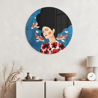 Glasbild Frau im Blütenkleid mit Kois - Hülya - Rund Glasbild Frau im Blütenkleid mit Kois - Hülya - Rund