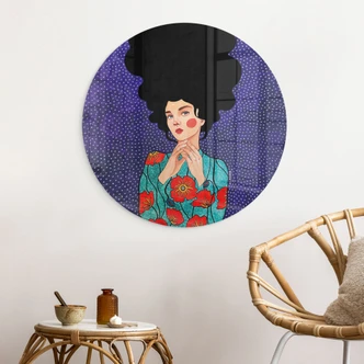 Glasbild Frau im Mohnblumenkleid - Hülya - Rund Glasbild Frau im Mohnblumenkleid - Hülya - Rund