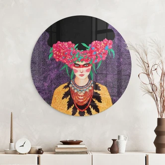 Glasbild Frau mit Blütenkranz und Stärke - Hülya - Rund Glasbild Frau mit Blütenkranz und Stärke - Hülya - Rund