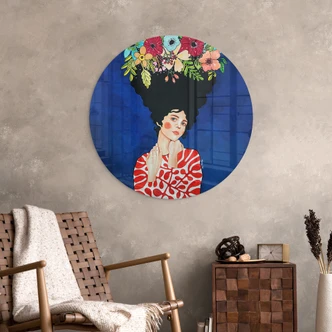 Glasbild Frau mit Blütenpracht im Haar - Hülya - Rund Glasbild Frau mit Blütenpracht im Haar - Hülya - Rund