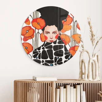 Glasbild Frau mit Retro-Mohnblumen - Hülya - Rund Glasbild Frau mit Retro-Mohnblumen - Hülya - Rund